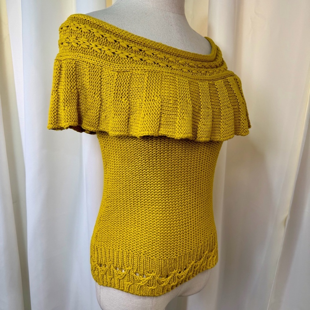 Anthropologie Mustard Yellow Ruffled Off-The-Shoulder Crocheted Sweater Size XS - Picture 14 of 16